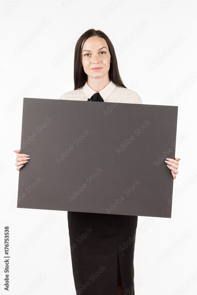 Signboard. Business woman with a big black card. on a white background Signboard. Business woman with a big black card. on a white background