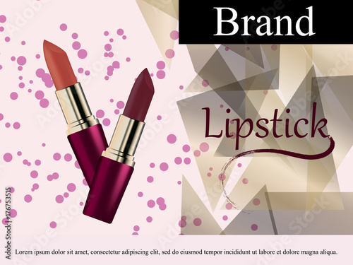 Glamorous Fashion lipstick ads elegant liquid flowing lipsticks for makeup isolated on scarlet pink background Cosmetics Package Product. Advertising Banner Poster Catalog. 3D Vector Illustration.