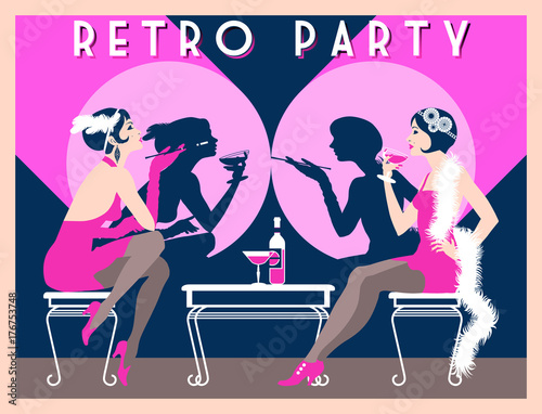 Retro Party invitation card. Handmade drawing vector illustration. Art deco style.