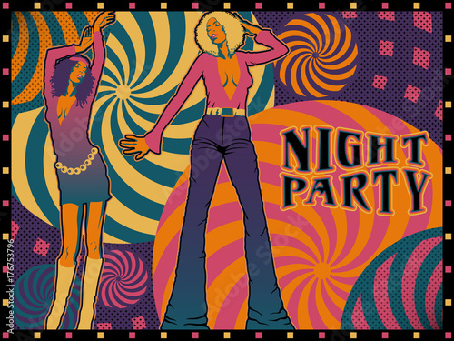 Night party poster design. Handmade drawing vector illustration. Vintage style. Pop art with psychedelic elements.
