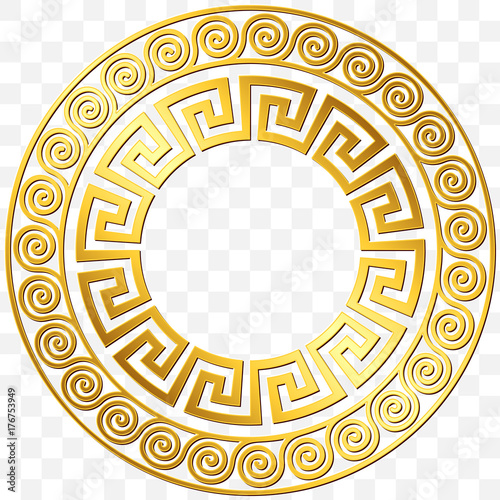 Fototapeta Naklejka Na Ścianę i Meble -  Round frame with traditional vintage Golden Greek ornament, Meander pattern on transparent background. Gold pattern for decorative tiles
