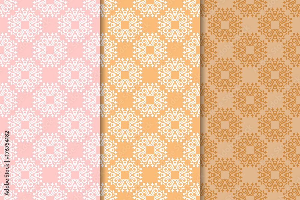 Set of floral ornaments. Orange vertical seamless patterns
