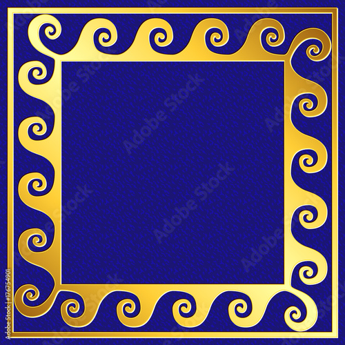 Golden square frame with traditional vintage Greek Meander pattern on blue background for design template.
