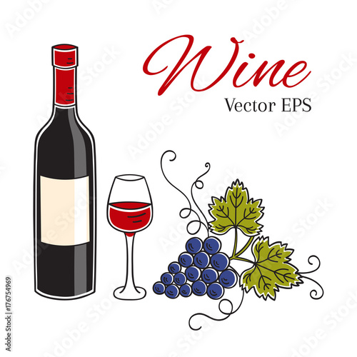 Red wine bottle, glass and grapes vector illustration.