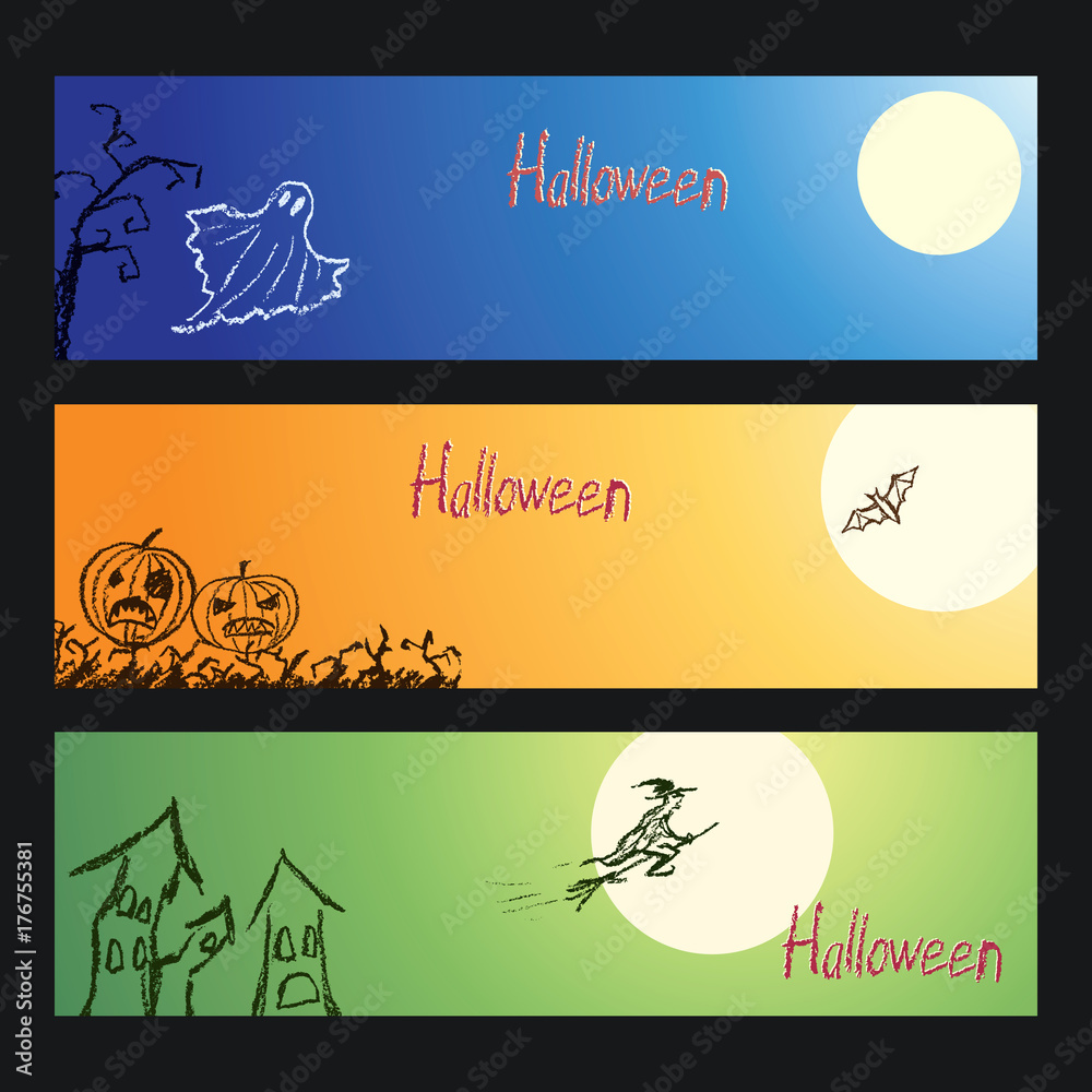 Naklejka premium Set of vector crayon drawn happy halloween day background banner with hand drawing spooky naked trees, moon, old house, witch, ghost, bat and pumpkin. Chalk pastel or pencil design invitation card.
