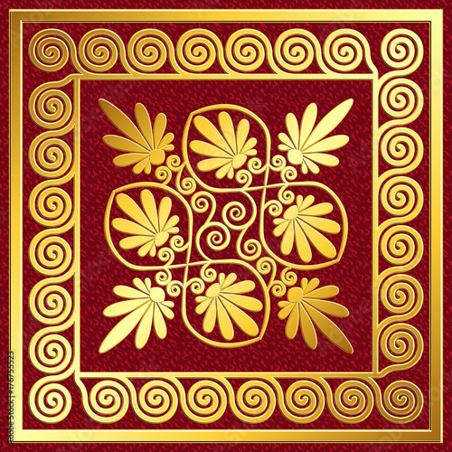 Golden square frame with traditional vintage Greek Meander and floral pattern on red background for design template.