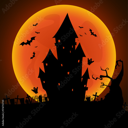 Halloween design background with castle , bats and full moon. Vector illustration