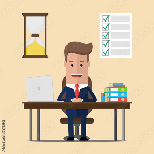 Businessman sits at the table after completing all the tasks before the expiration of the deadline. Vector illustration