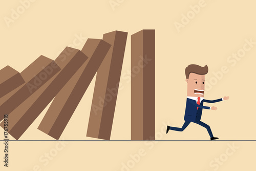Businessman run away domino effect. Business Concept. Vector illustration