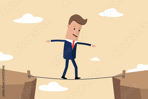 Businessman is walking a tightrope across the gap between the rocks. Businessman of the tightrope walker goes from one mountain to another, business concept risk and danger. Vector illustration