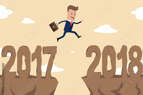 Businessman jumping between 2017 and 2018. Happy new year 2018. New year new beginning concept ,Vector illustration