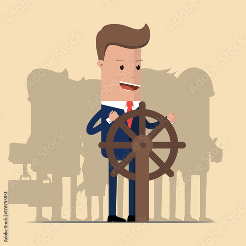 Businessman holding the steering wheel and his team at the back. Winning and leading, supporting concept. Vector illustration