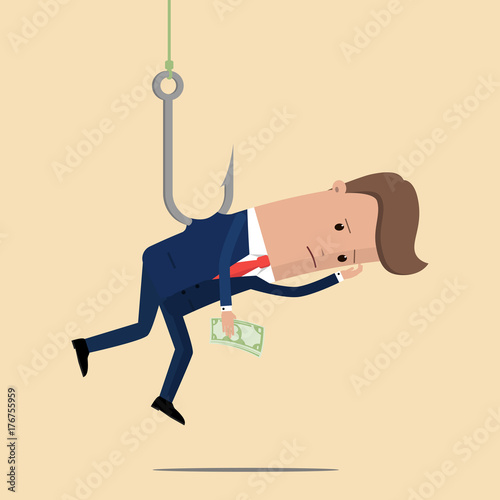 Businessman catch money by hanging with fishing hook. Vector Illustration