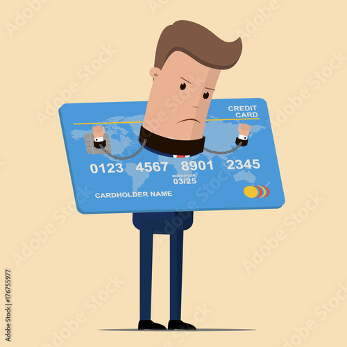 Businessman being imprisoned by the debt of a credit card. Business and finance concept. Vector illustration