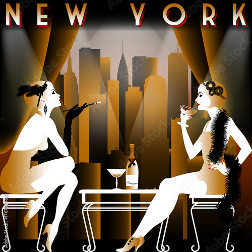 Two flapper girls in the restaurant with views of the skyscrapers of new York. Travel or retro party invitation card. Handmade drawing vector illustration. Art Deco style.