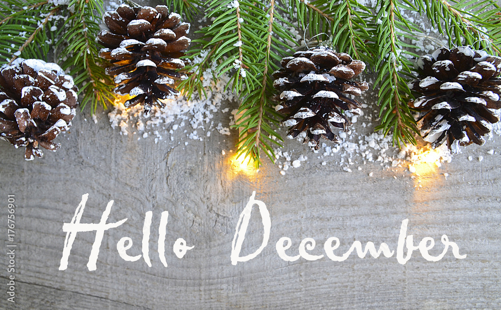 Hello December.Christmas decoration on old wooden background.Winter holidays concept.Selective focus. - obrazy, fototapety, plakaty 