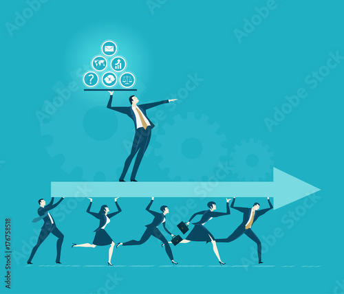 Lots of office workers running and caring the big arrow with leader staying on top of it. Team, working together, coordination and developing business concept. 