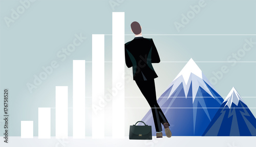 Businessman lean on the growth bar chart and looking on the mountains. Business concept collection. © IRStone