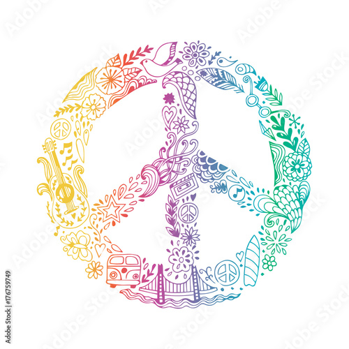 Vector peace symbol made of hippie theme doodle handdrawn icons, pacifism sign. Hippie style ornamental background. Love and peace, hand-drawn doodle background. Colorful peace symbol on white