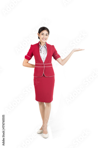 Portrait of Asian Air Hostess posing with White background, Woman stand and smile at isolated on white background, Woman with Air Hostess concept.