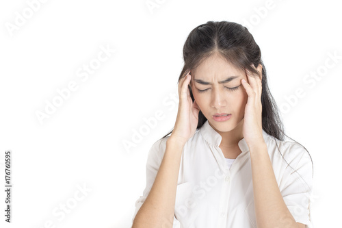 Young Asian Woman feeling headache, Woman with sickness Concept, Isolated on white background.