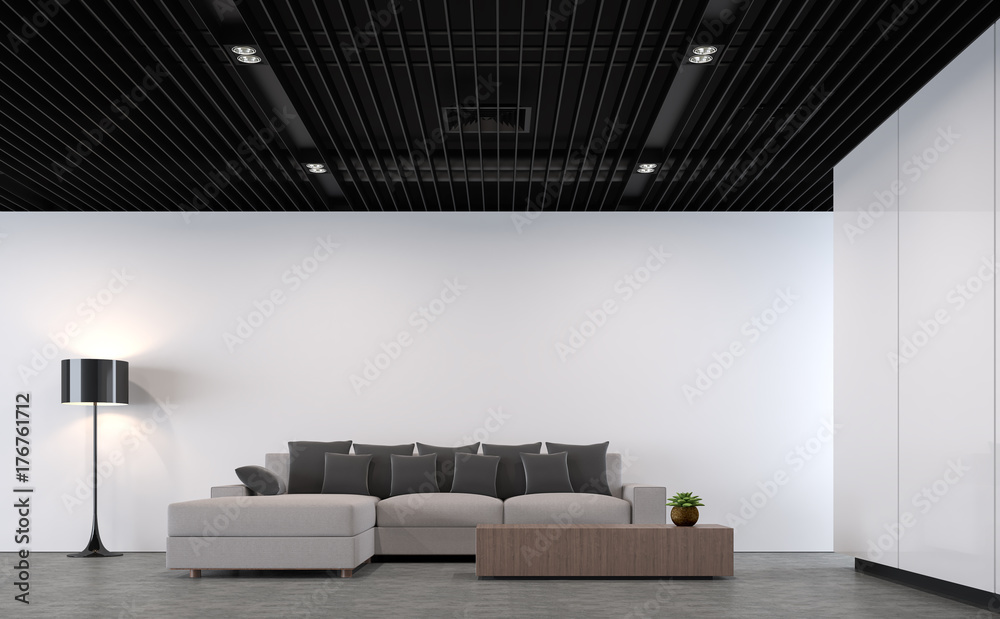 Modern loft living room with black steel ceiling 3d rendering image.There is a polished concrete floor,white paint wall,black steel lattice ceiling,Furnished with light gray fabric furniture Modern loft living room with black steel ceiling 3d rendering image.There is a polished concrete floor,white paint wall,black steel lattice ceiling,Furnished with light gray fabric furniture