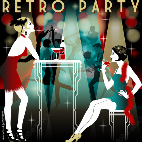Retro Party invitation card. Handmade drawing vector illustration. Vintage style.