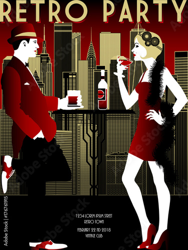Retro Party invitation card. Handmade drawing vector illustration. Vintage style.