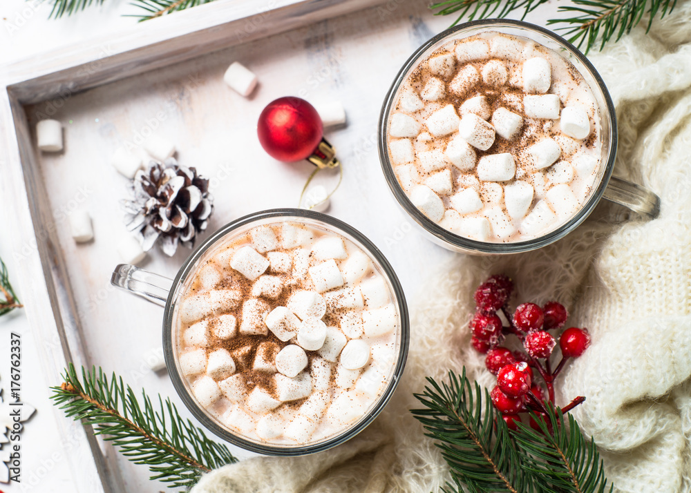 Christmas hot chocolate or cocoa with marshmallow on white. Christmas hot chocolate or cocoa with marshmallow on white.