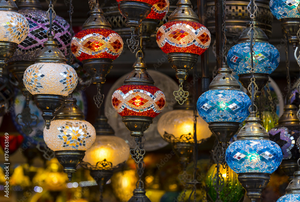 Traditional Turkish lanterns made of colored glass 