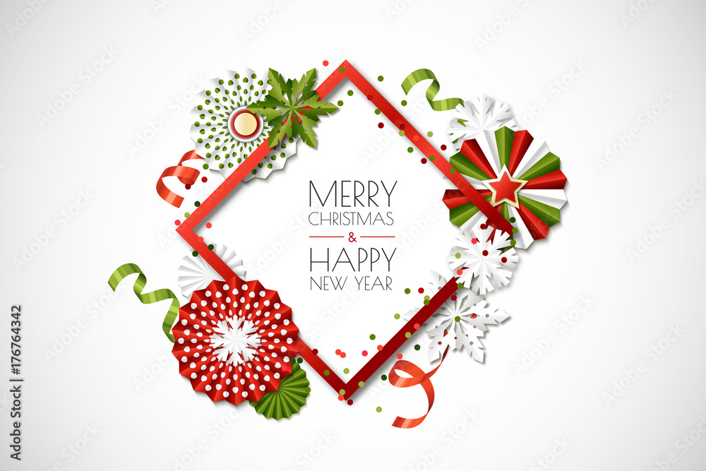 Εκτύπωση καμβά Vector holiday frame with paper stars and snowflakes in green, red, white colors