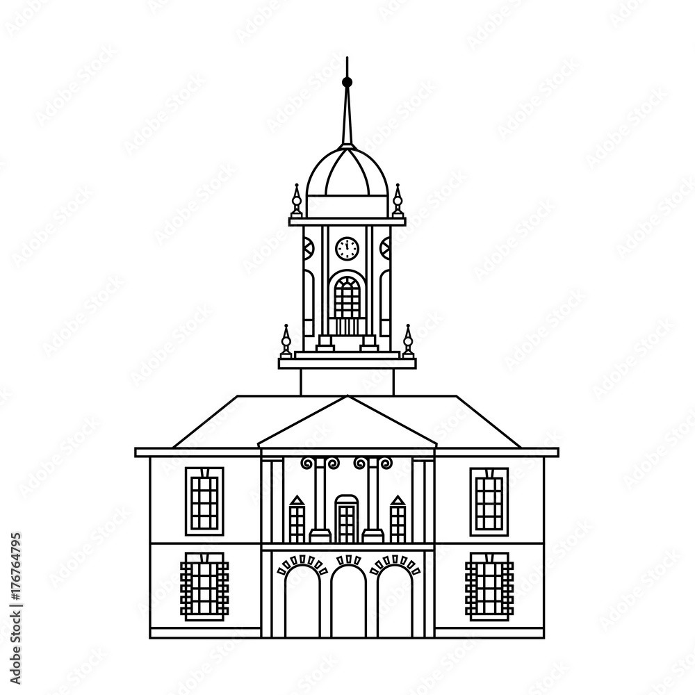 Line flat icon of european medieval building with tower and watch. Vector illustration of Dublin Castle Tower Bedford - popular landmark in Ireland. Irish top-rated attraction lineart.
