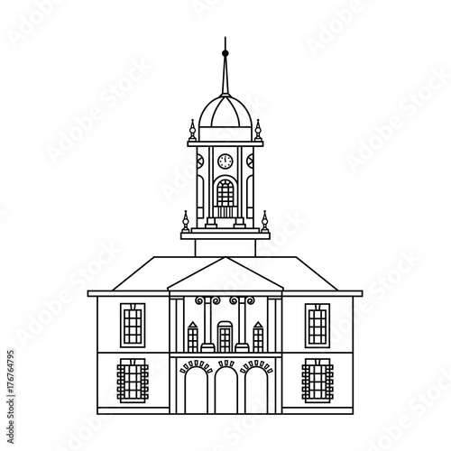 Line flat icon of european medieval building with tower and watch. Vector illustration of Dublin Castle Tower Bedford - popular landmark in Ireland. Irish top-rated attraction lineart.