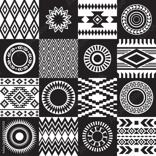 Pieces of American Indians ethnic patterns compiled in seamless texture. 