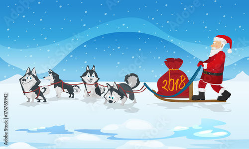Dogs sled team and chrismas red bag. Winter background