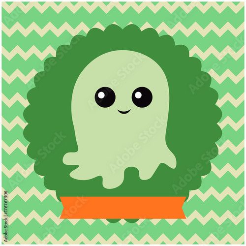 Retro cute cartoon cute cartoon smiling grey octopus-like ghost on a light green postcard with bright zig-zags and an orange band vector illustration
