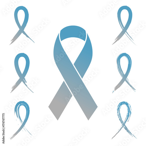 Collection of diabetes awareness ribbon collection with chalk and ink brush design isolated on white background. Blue and gray ribbon illustration for support, prevention and charity campaigns.