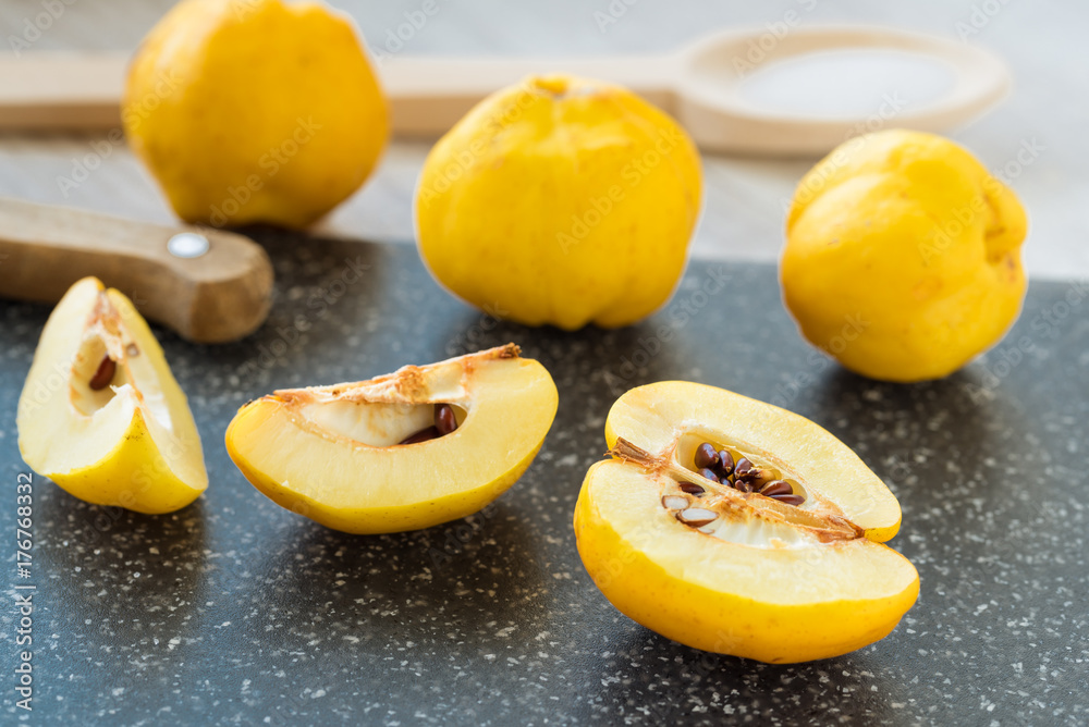 Fresh quince fruits.