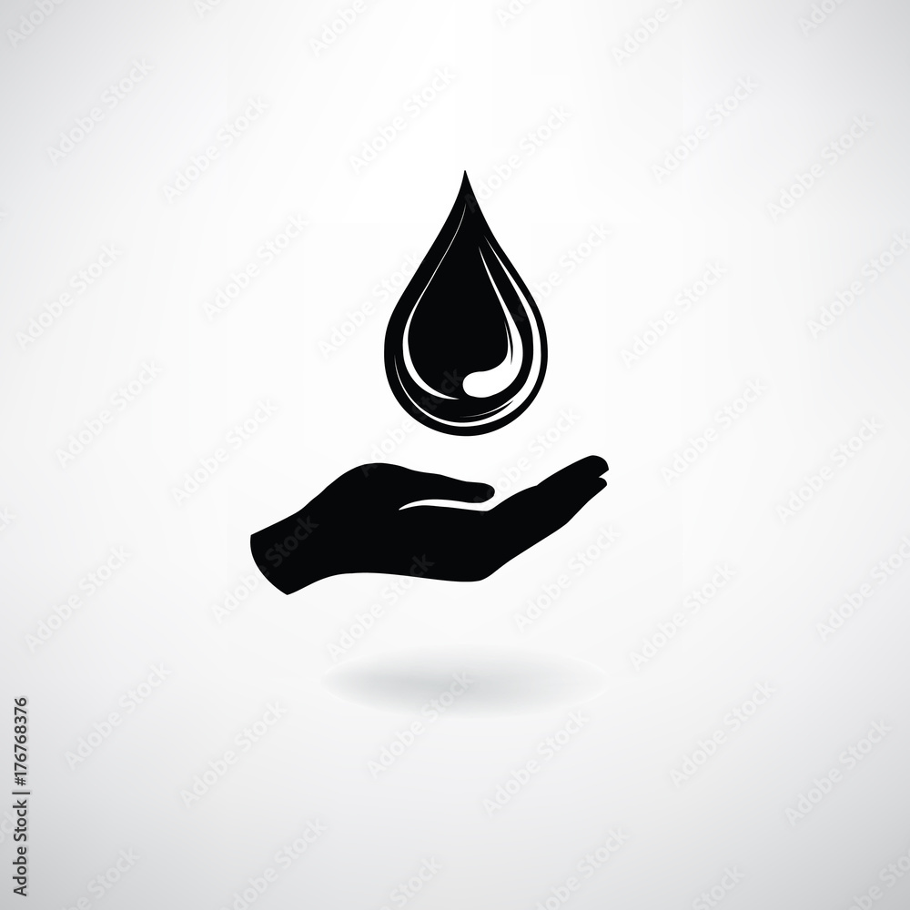 Drop icon in hand silhouette on a white background. Save water sign Drop icon in hand silhouette on a white background. Save water sign