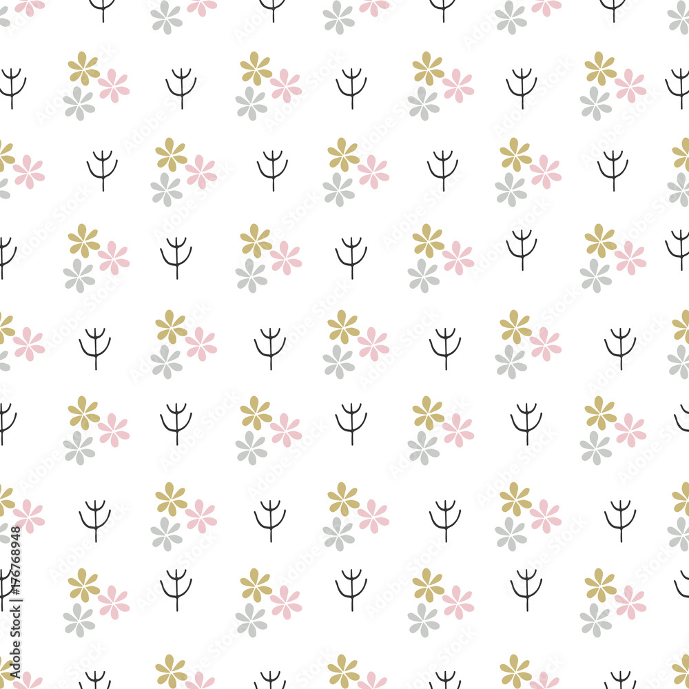 Unique hand drawn seamless pattern with floral elements. Vector illustration in monochrome scandinavian style