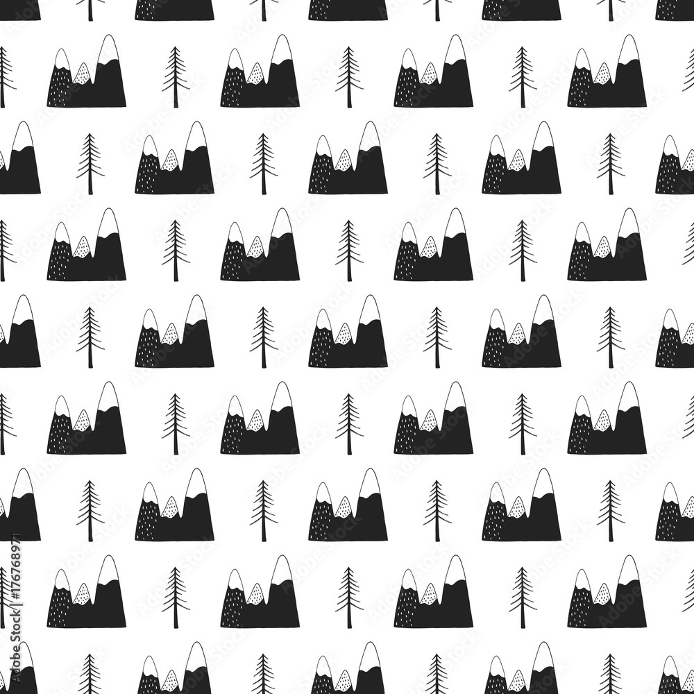 Unique hand drawn seamless pattern with floral elements. Vector illustration in monochrome scandinavian style