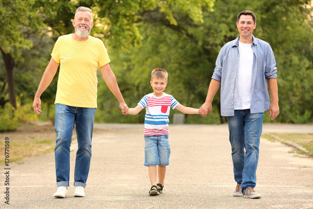 Fototapeta premium Little boy with daddy and grandfather walking in park