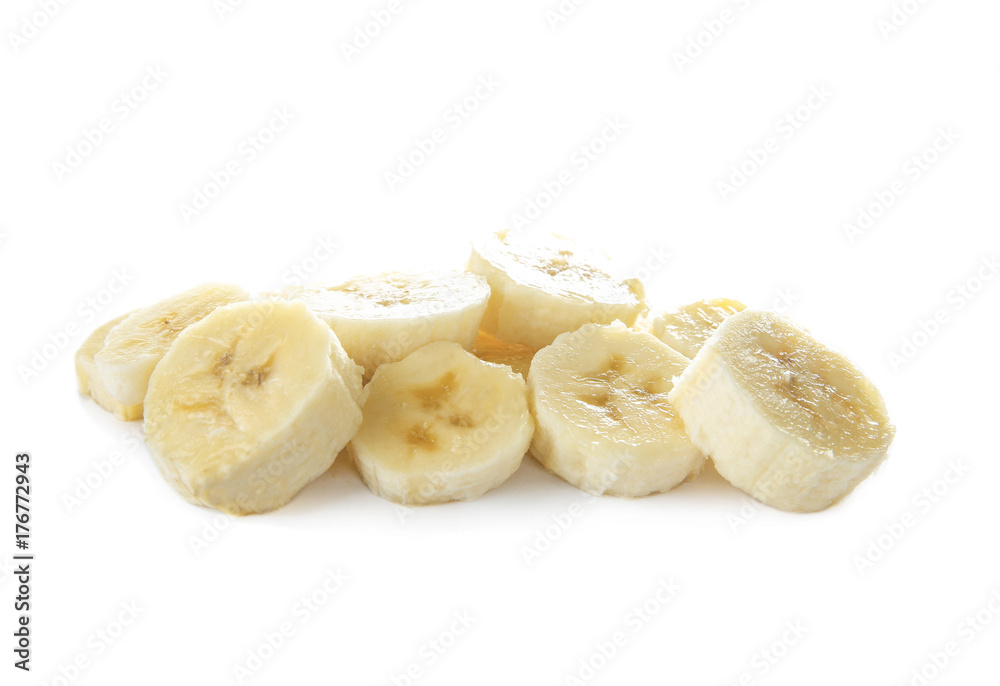 Delicious banana slices on white background