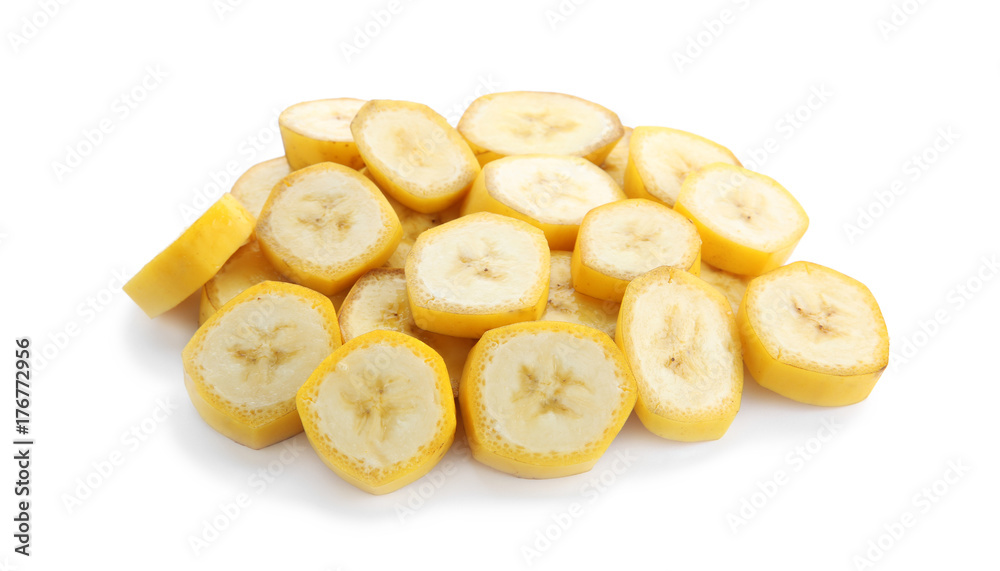 Delicious banana slices on white background