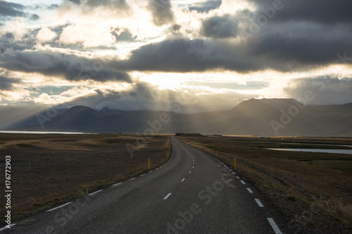 Iceland roads with car and beautiful nature view