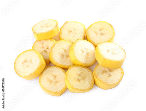 Delicious banana slices on white background