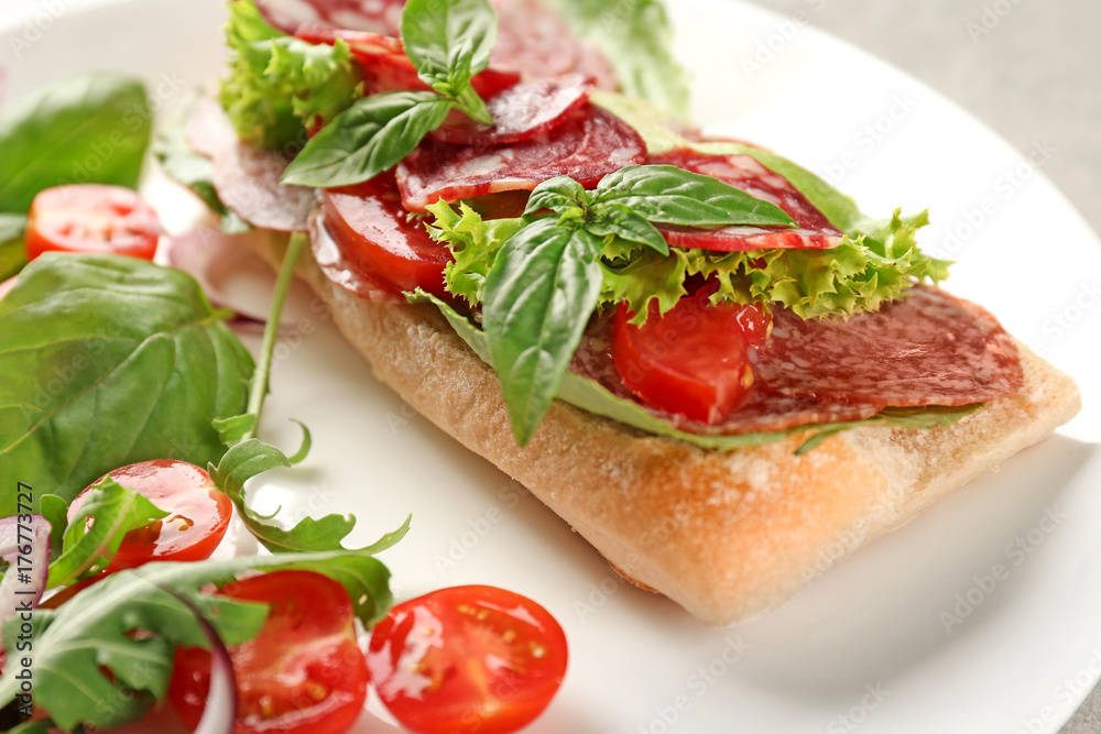 Plate with delicious sausage sandwich, closeup