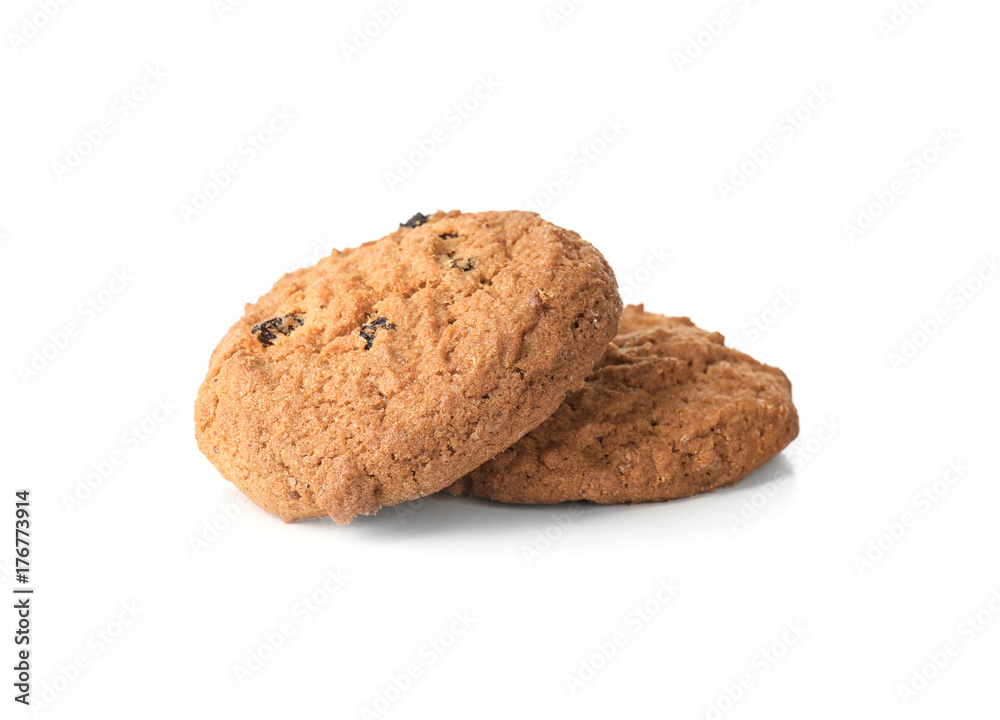 Delicious oatmeal cookies with raisins on white background Delicious oatmeal cookies with raisins on white background