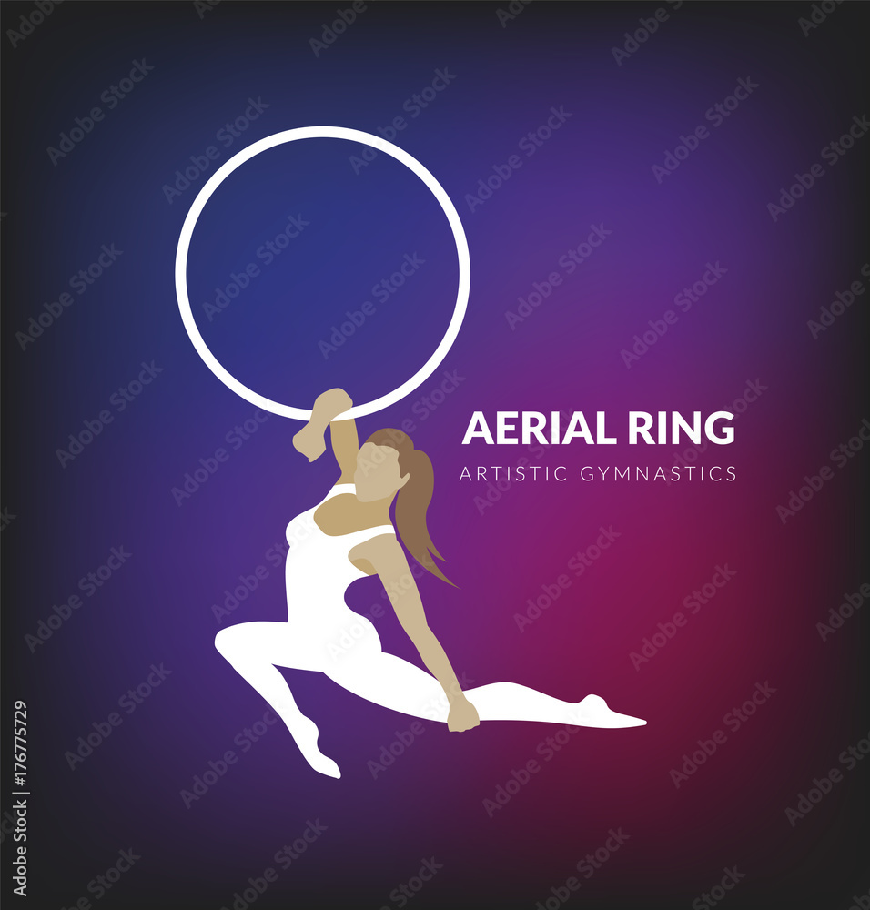 Woman gymnast aerial ring. Aerial hoop. Beautiful dance sport and fitness logo vector.