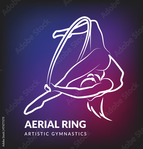 Woman gymnast aerial ring, line design. Aerial hoop. Beautiful dance sport and fitness logo.